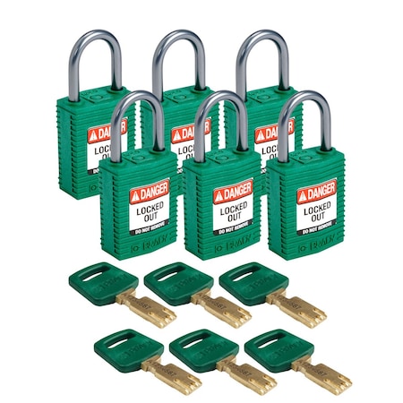Brady Padlock, Keyed Different, Green, 6 PK CPT-GRN-25AL-KD6PK
